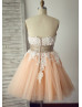 Strapless Champagne Tulle Lace Pearl Knee Length Prom Dress